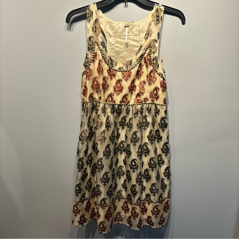 Free People Shimmering Champagne Paisley Mini Dress Boho Sz4